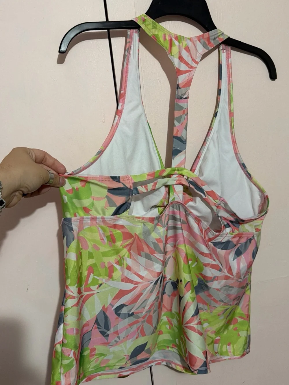 Tropical Leaf Print Racerback Tankini Top - Pink & Lime - Picture 3 of 4
